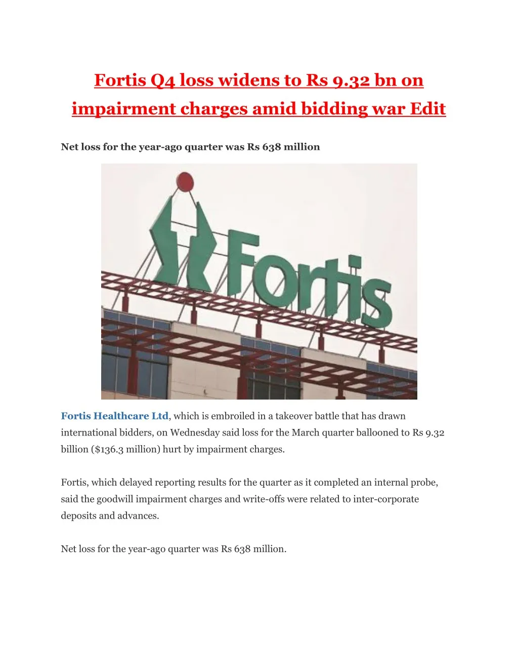 fortis q4 loss widens to rs 9 32 bn on