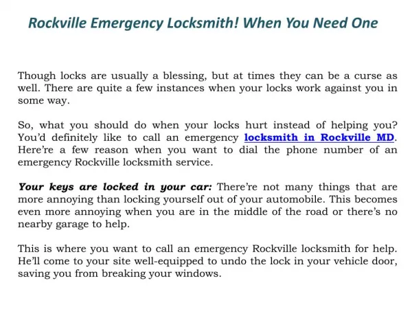 Rockville Emergency Locksmith! When You Need One