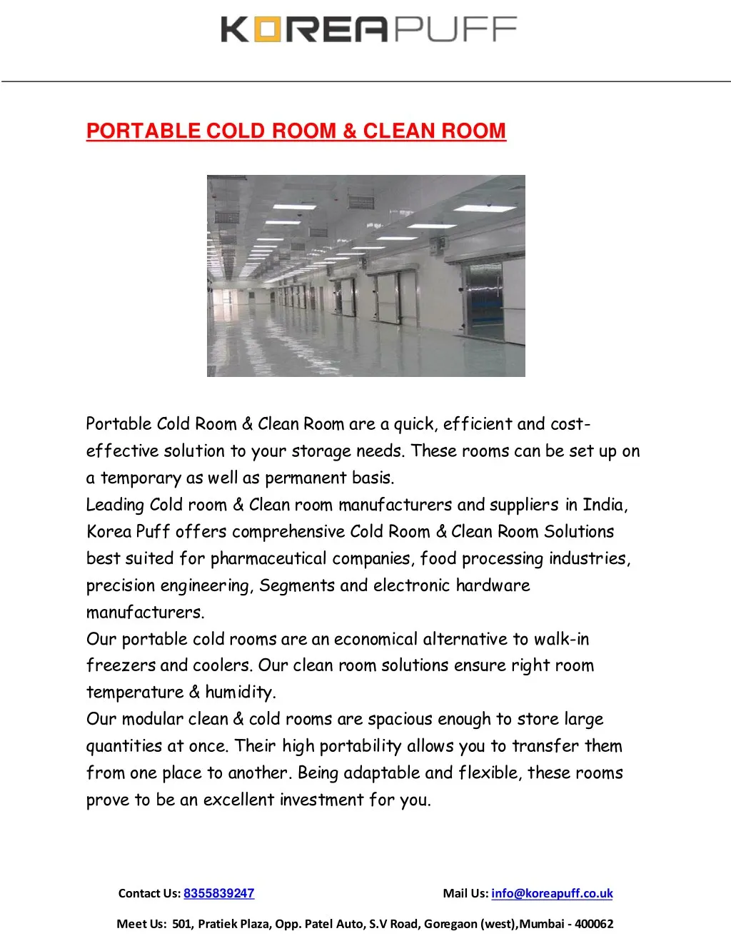 portable cold room clean room