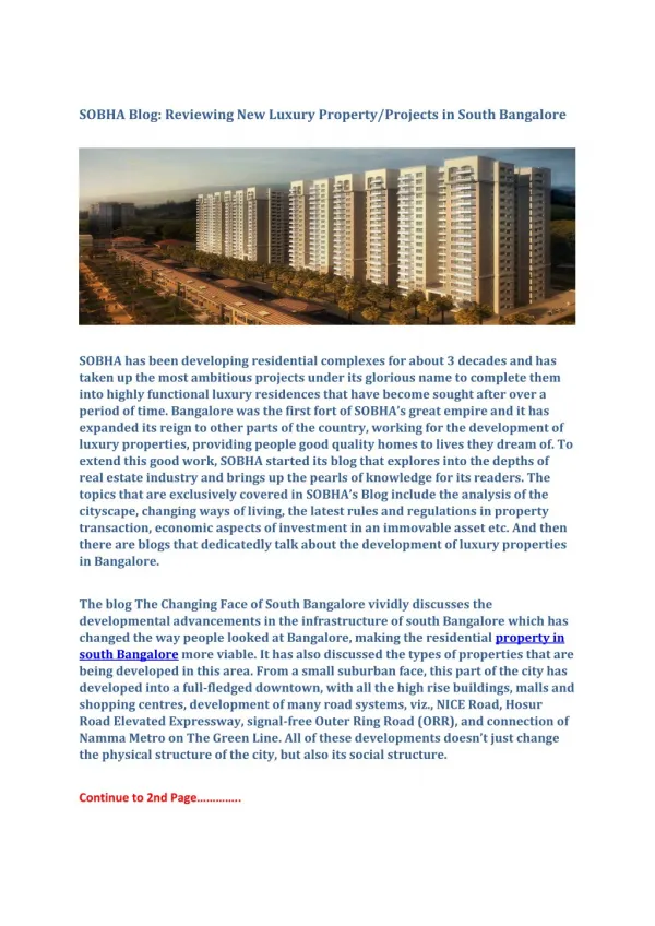 SOBHA Blog - Reviewing New Luxury Property/Projects in South Bangalore