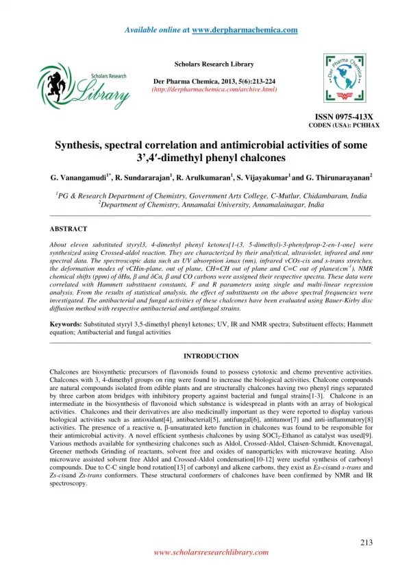 Synthesis, spectral correlation and antimicrobial activities of some 3’,4′-dimethyl phenyl chalcones