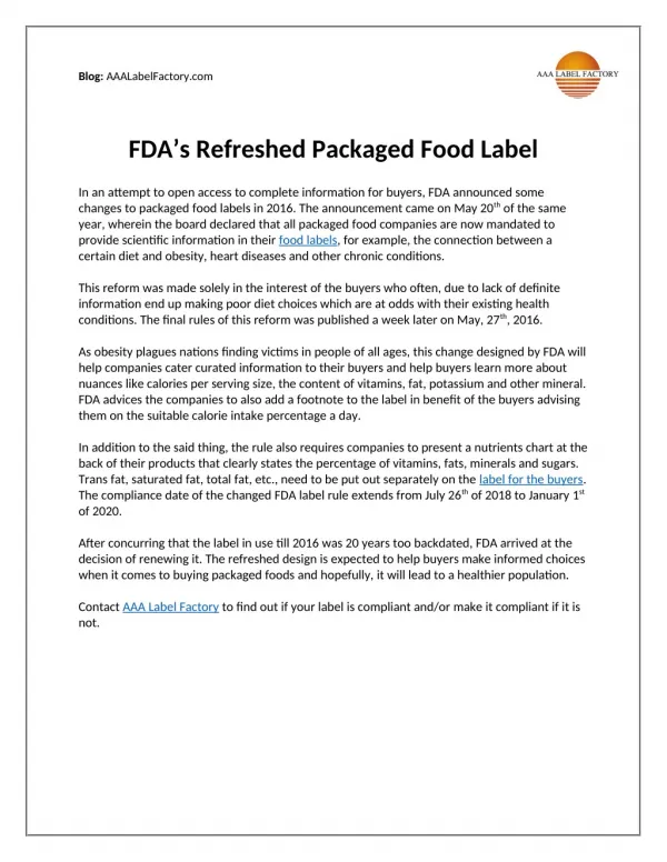 FDA’s Refreshed Packaged Food Label