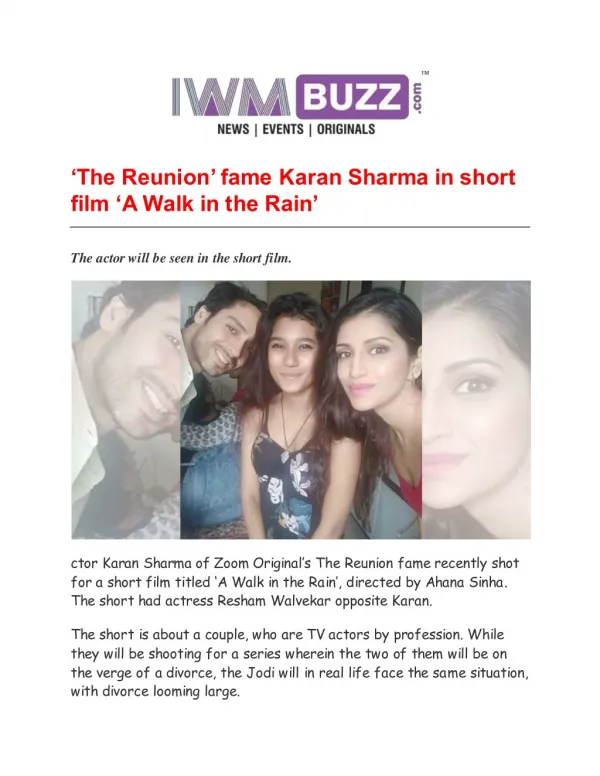 ‘The Reunion’ fame Karan Sharma in short film ‘A Walk in the Rain’
