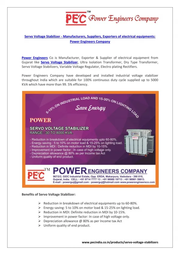 Servo Voltage Stabilizer â€“ Manufacturer of electrical equipments: Power Engineers Company