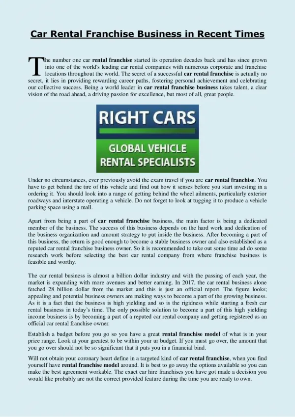 Car Rental Franchise Business in Recent Times