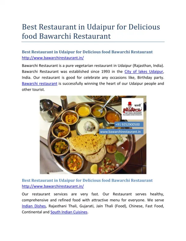 Best Restaurant in Udaipur for Delicious food Bawarchi Restaurant