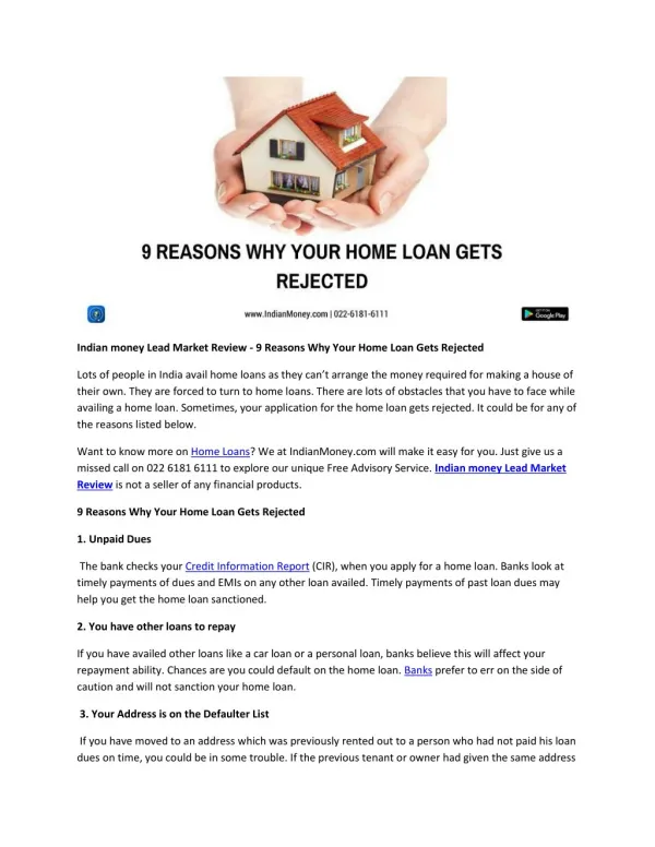 Indian money Lead Market Review - 9 Reasons Why Your Home Loan Gets Rejected