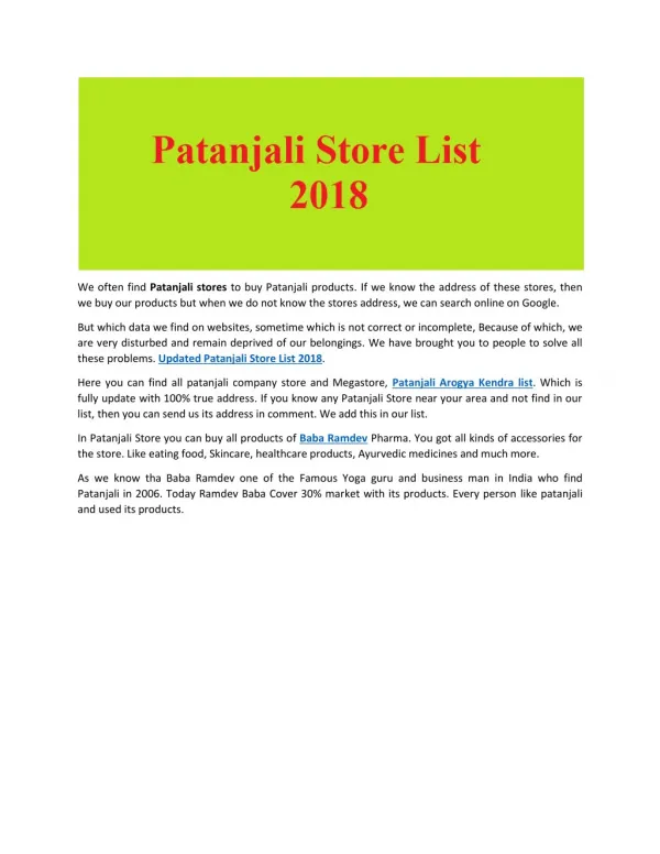 Find all Patanjali company store and Megastore, Patanjali Arogya Kendra list.