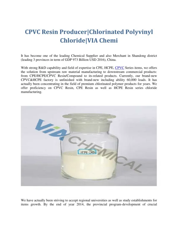 CPE, HCPE, CPVC Resin Raw Material Manufacture | Via Chemical