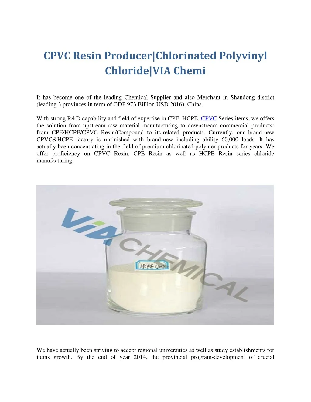 cpvc resin producer chlorinated polyvinyl