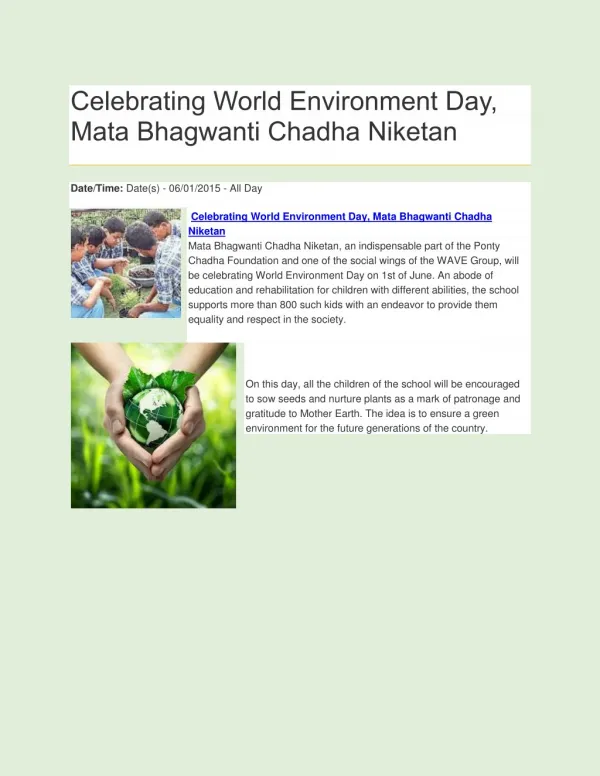 Celebrating World Environment Day, Mata Bhagwanti Chadha Niketan