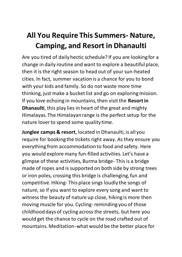 All You Require This Summers- Nature, Camping, and Resort in Dhanaulti