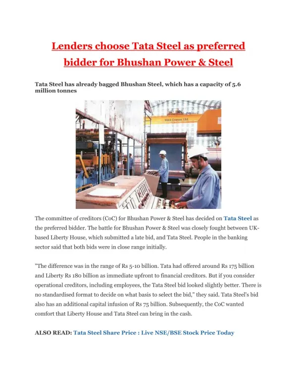 Lenders choose Tata Steel as preferred bidder for Bhushan Power & Steel
