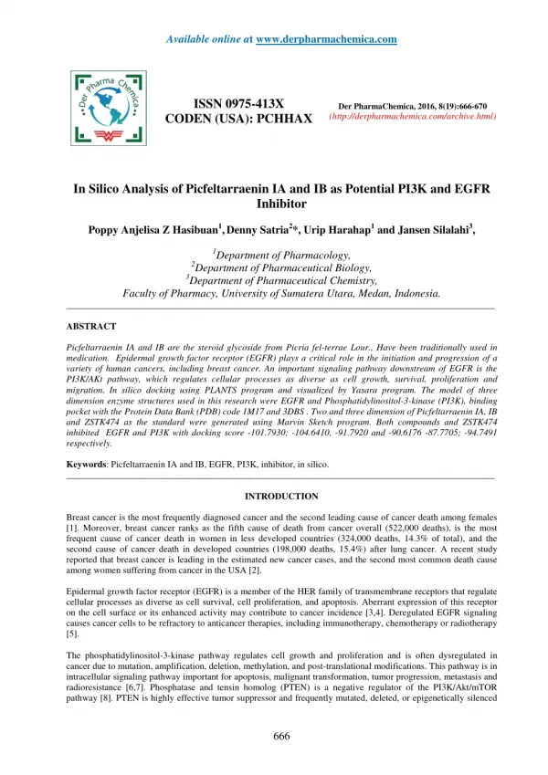 In Silico Analysis of Picfeltarraenin IA and IB as Potential PI3K and EGFR Inhibitor