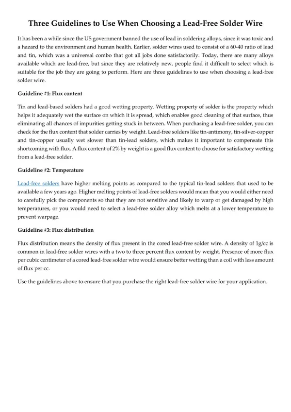Three Guidelines to Use When Choosing a Lead-Free Solder Wire