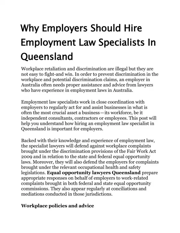 Why Employers Should Hire Employment Law Specialists In Queensland