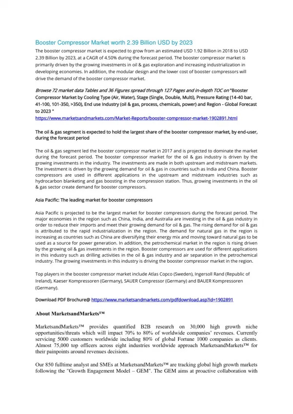 Booster Compressor Market worth 2.39 Billion USD by 2023, at a CAGR of 4.50% from 2018 to 2023.