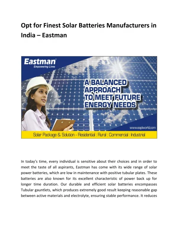 Opt for Finest Solar Batteries Manufacturers in India – Eastman