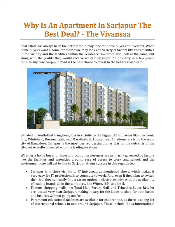 Why Is An Apartment In Sarjapur The Best Deal? - The Vivansaa
