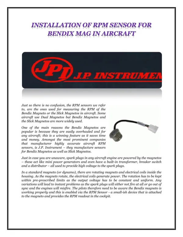 INSTALLATION OF RPM SENSOR FOR BENDIX MAG IN AIRCRAFT