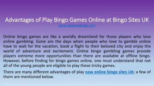 Advantages of Play Bingo Games Online at Bingo Sites UK