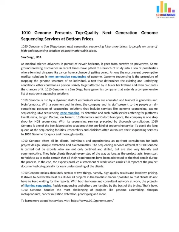 1010 Genome Presents Top-Quality Next Generation Genome Sequencing Services at Bottom Prices