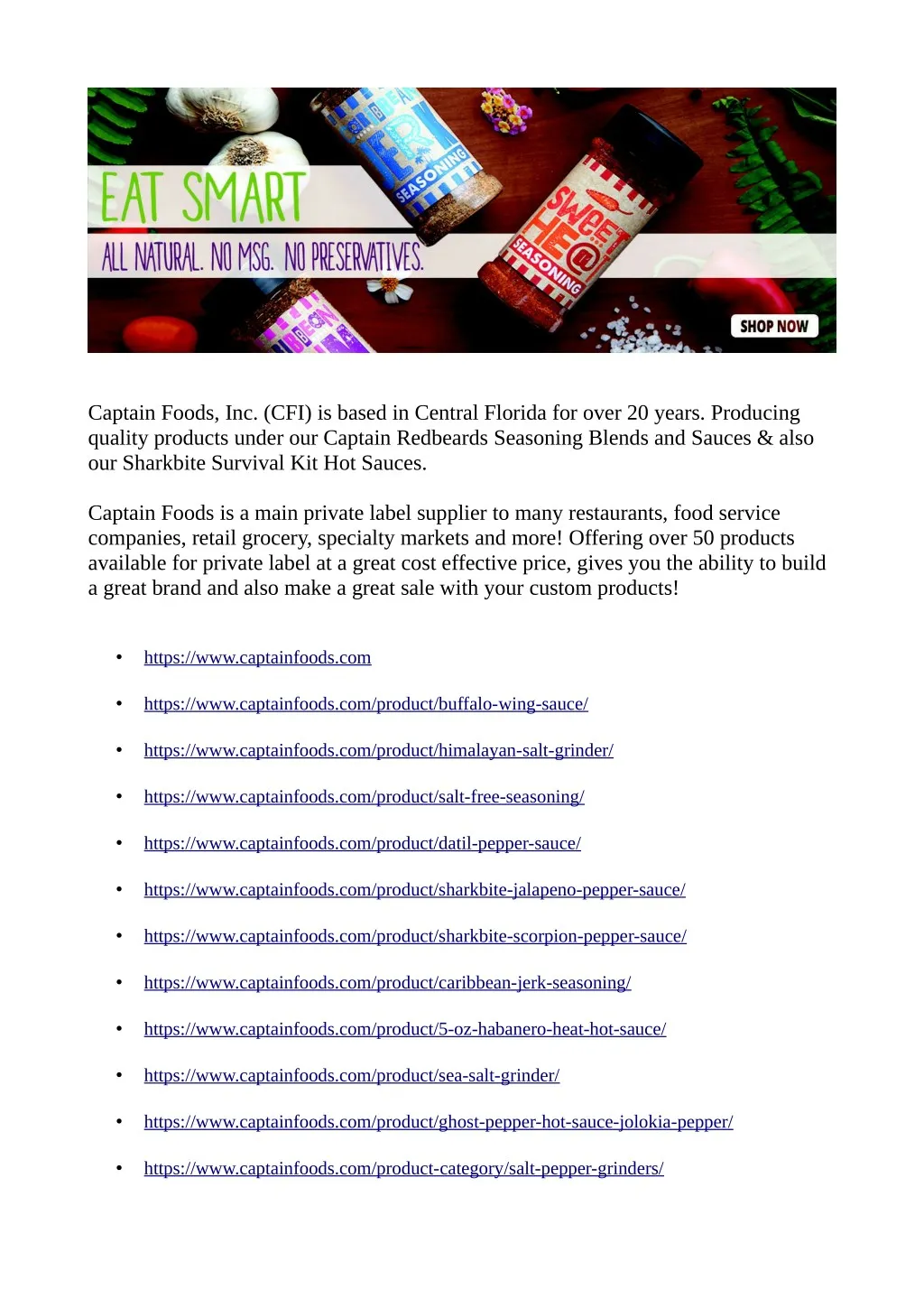 captain foods inc cfi is based in central florida