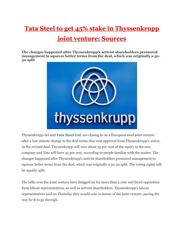 Tata Steel to get 45% stake in Thyssenkrupp joint venture: Sources