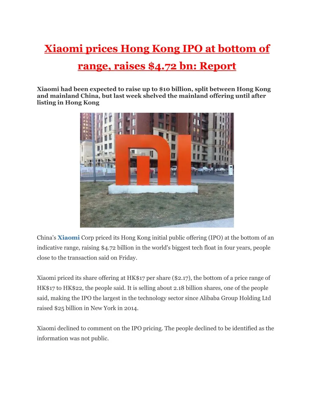 xiaomi prices hong kong ipo at bottom of