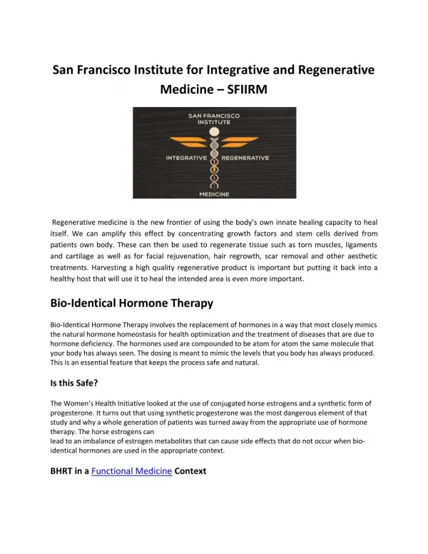 San Francisco Institute for Integrative and Regenerative Medicine - SFIIRM