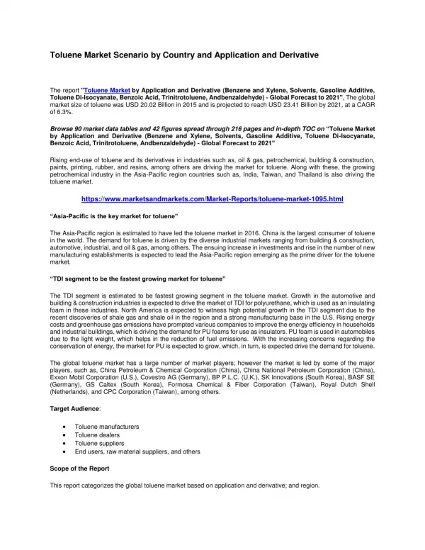 Toluene Market Scenario by Country and Application and Derivative