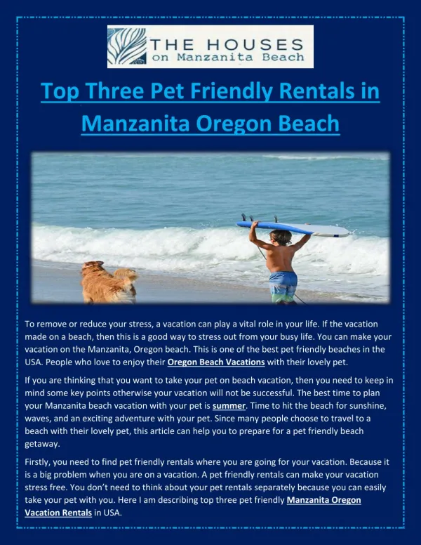 Top Three Pet Friendly Rentals in Manzanita Oregon Beach