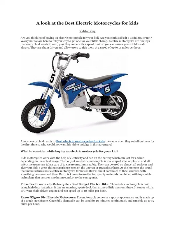 A look at the Best Electric Motorcycles for kids
