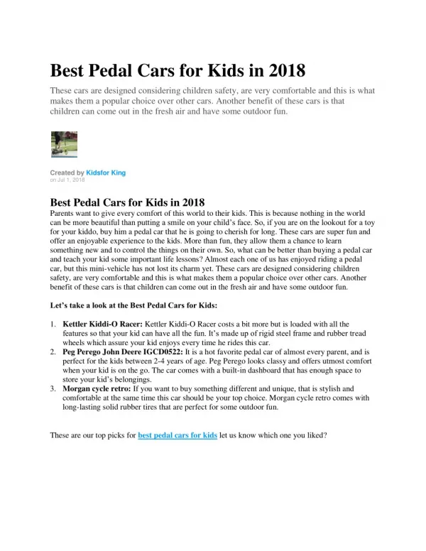 Best Pedal Cars for Kids in 2018