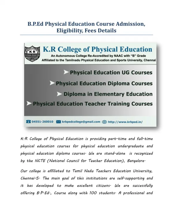 B.P.Ed Physical Education Course Admission, Eligibility, Fees Details