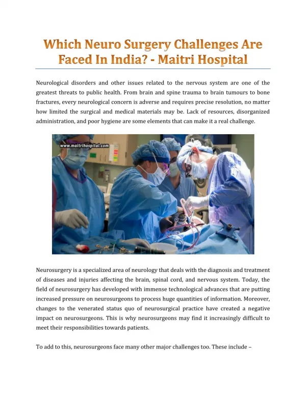 Which Neuro Surgery Challenges Are Faced In India? - Maitri Hospital