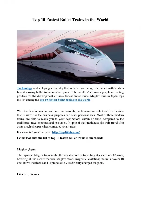 Top 10 Fastest Bullet Trains in the World