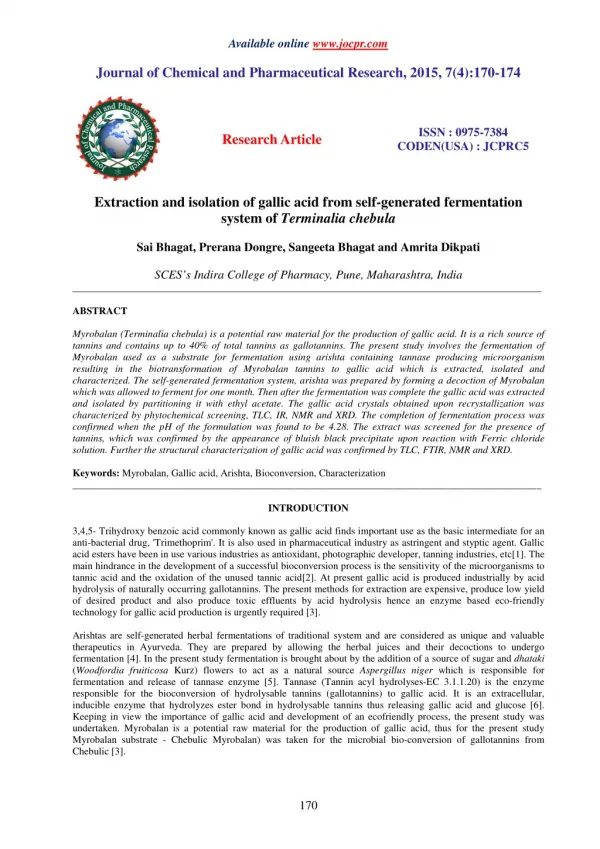 Extraction and isolation of gallic acid from self-generated fermentation system of Terminalia chebula