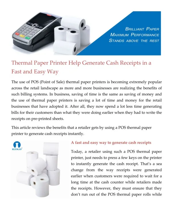 Thermal Paper Printer Help Generate Cash Receipts in a Fast and Easy Way