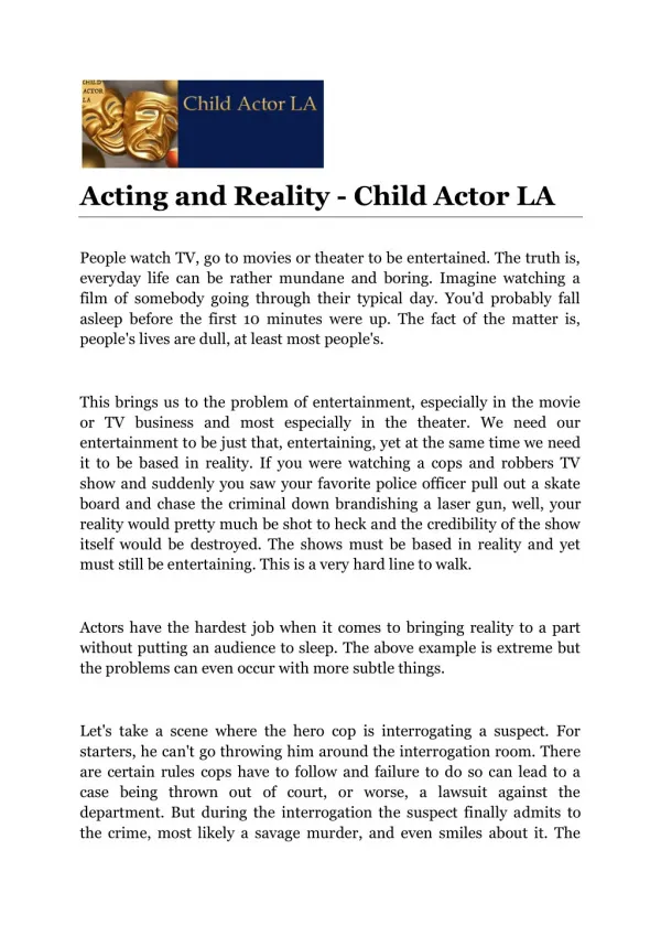 Acting and Reality - Child Actor LA
