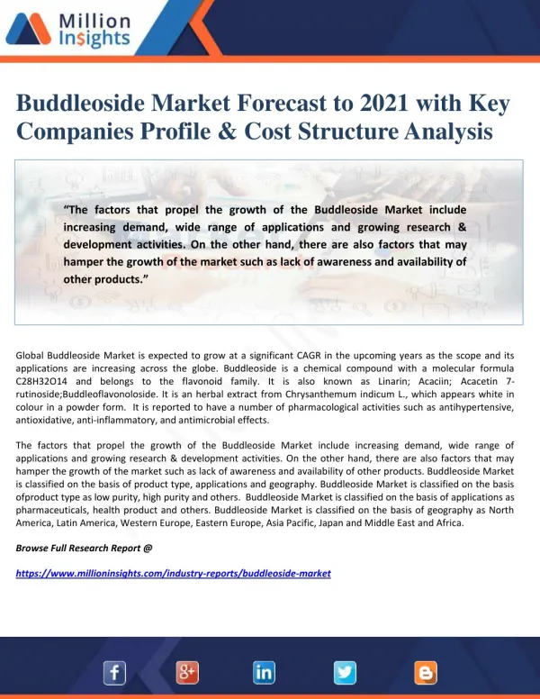 Buddleoside Market Forecast to 2021 with Key Companies Profile & Cost Structure Analysis