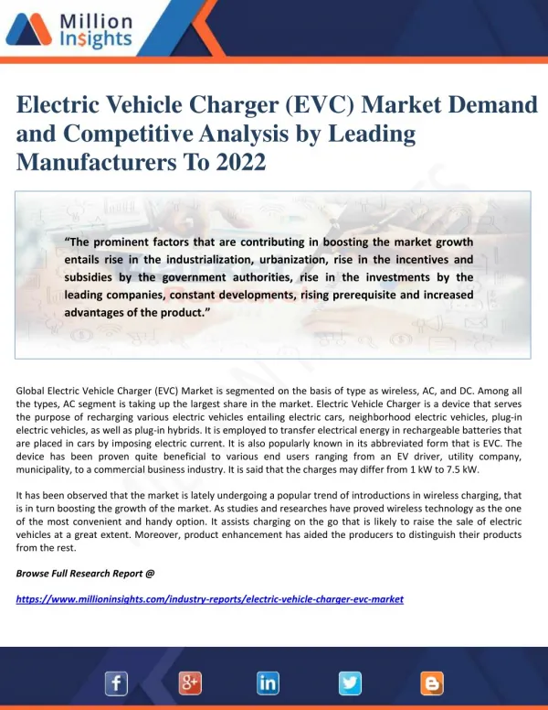 Electric Vehicle Charger (EVC) Market Demand and Competitive Analysis by Leading Manufacturers To 2022