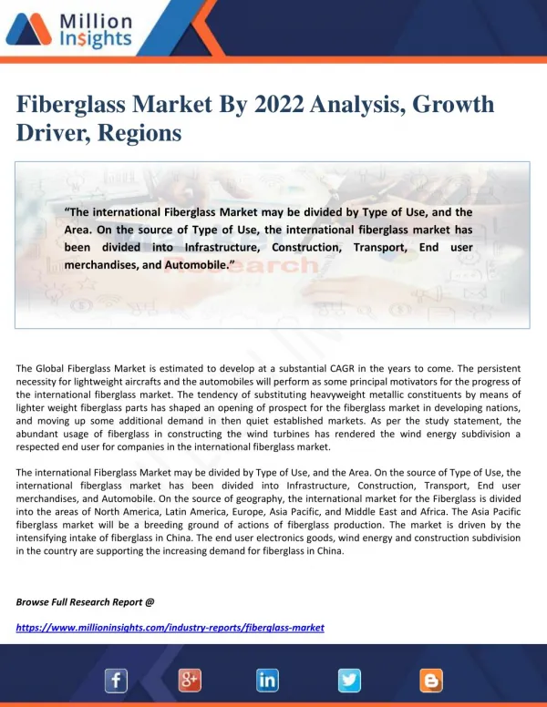 Fiberglass Market By 2022 Analysis, Growth Driver, Regions