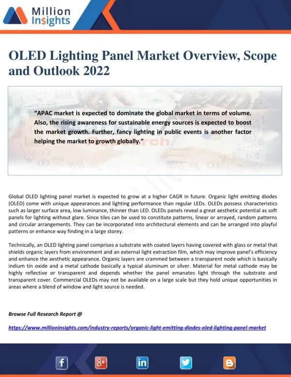 OLED Lighting Panel Market Overview, Scope and Outlook 2022