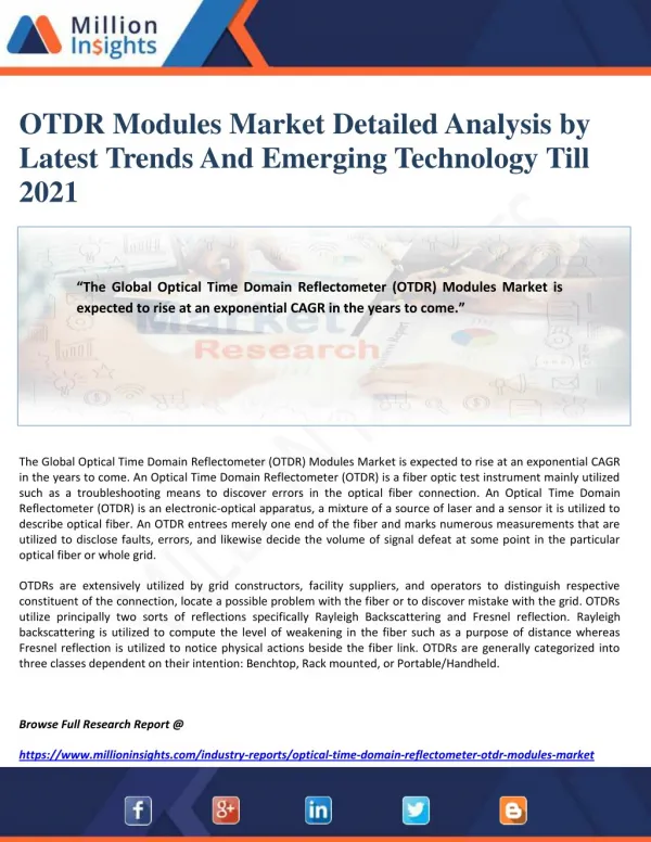 OTDR Modules Market Detailed Analysis by Latest Trends And Emerging Technology Till 2021
