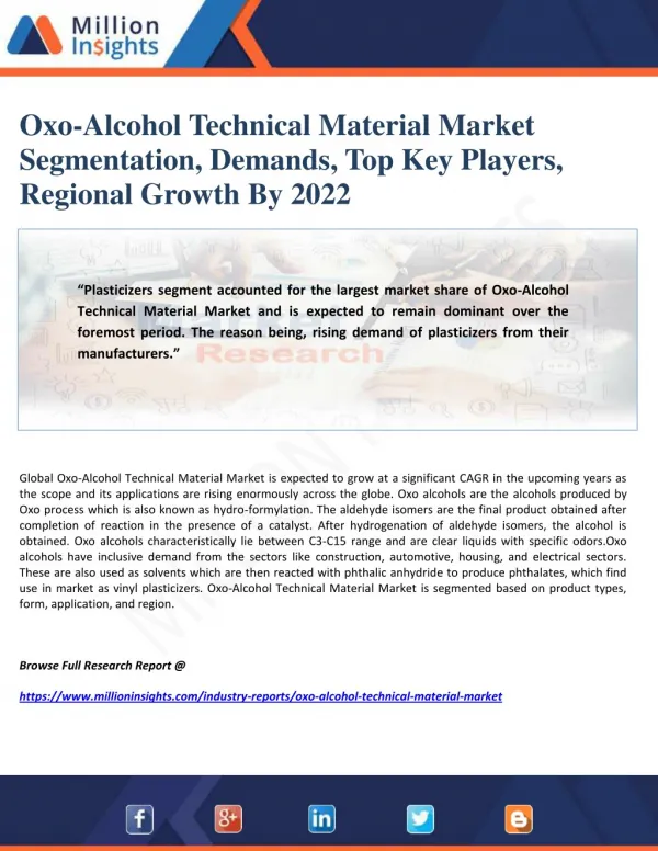 Oxo-Alcohol Technical Material Market Segmentation, Demands, Top Key Players, Regional Growth By 2022