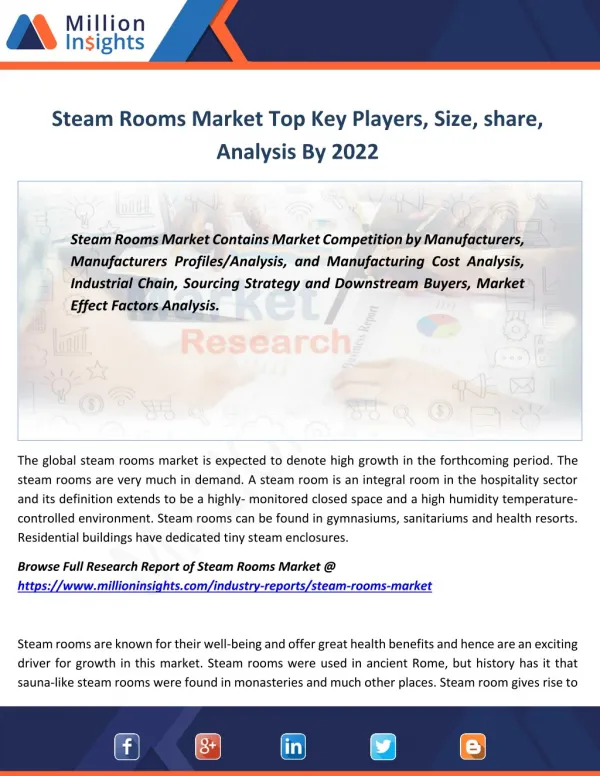Steam Rooms Industry Consumption Growth Rate by Application, share By 2022