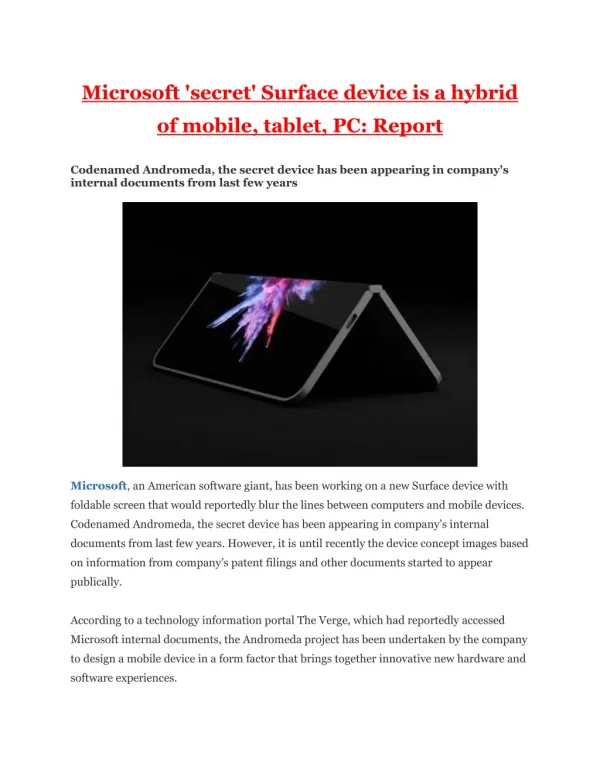 Microsoft 'secret' Surface device is a hybrid of mobile, tablet, PC: Report