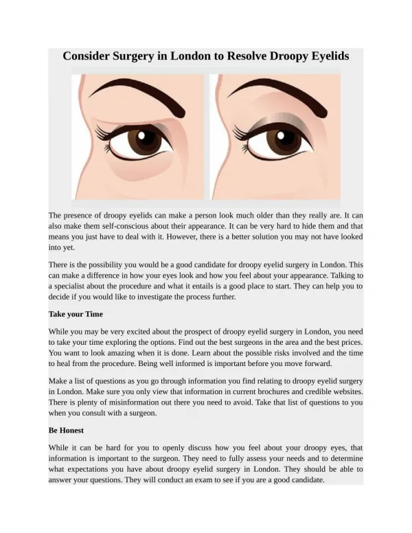 Consider Surgery in London to Resolve Droopy Eyelids