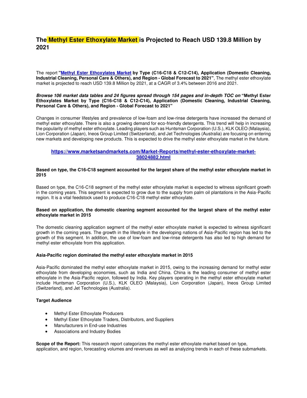 the methyl ester ethoxylate market is projected